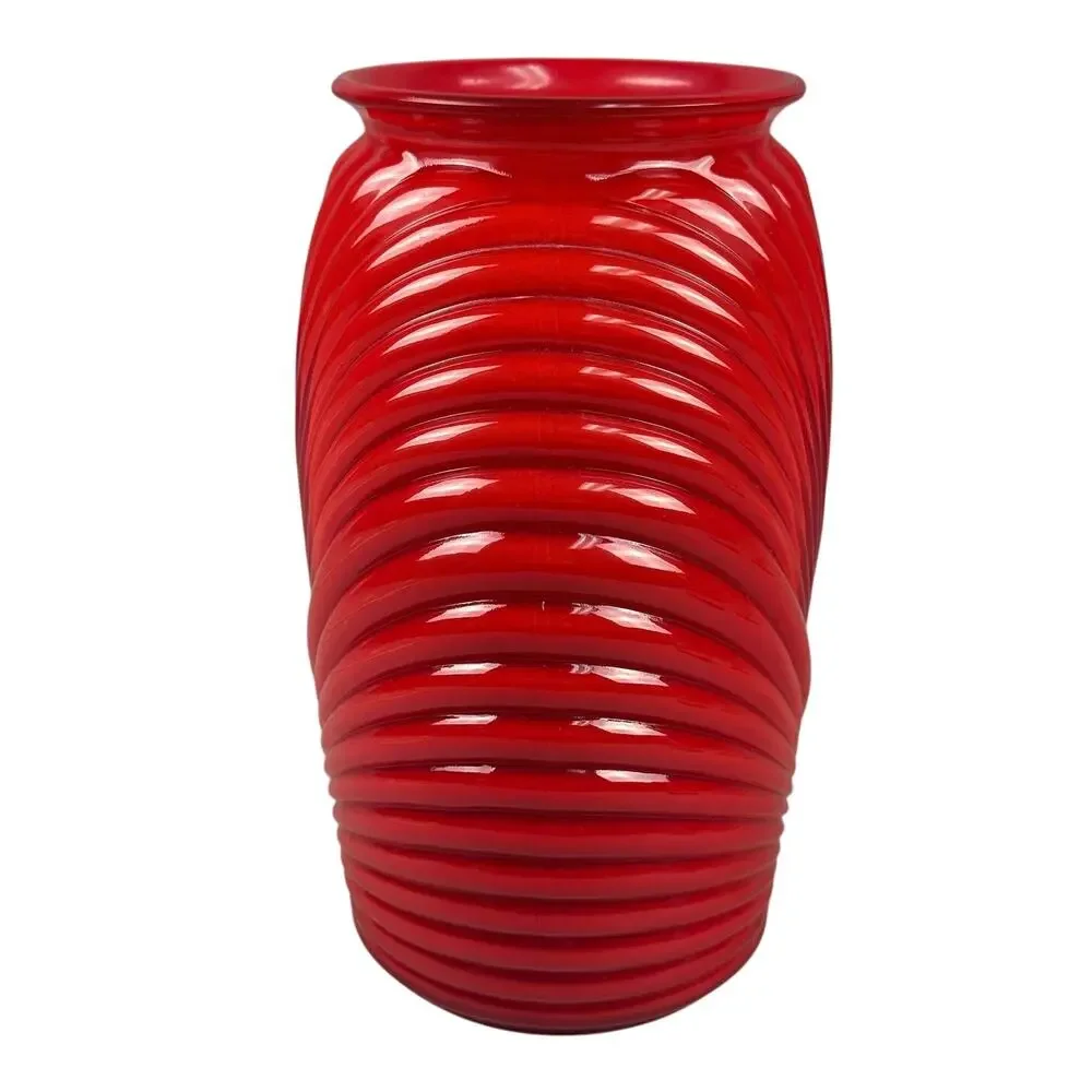 Vintage Anchor Hocking Red Glass Vase Art Deco Pleated Ribbed Design 1980's